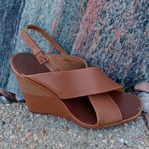 Tory Burch leather wedge heels criss cross wide strap sandals womens sz 6.5